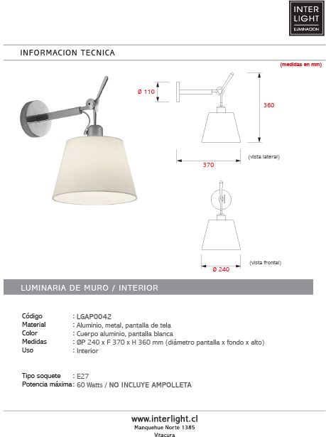 Apliqué aluminio pantalla tela movible Ø24x36 cm E27 -LGAP0042