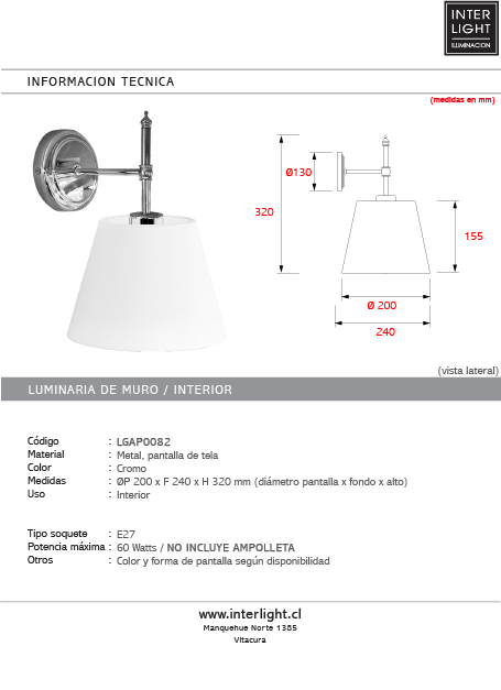 Apliqué aluminio pantalla tela  Ø20x32 cm E27 -LGAP0082