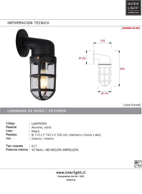 Apliqué negro vidrio exterior E27 IP44 - LGAP0095