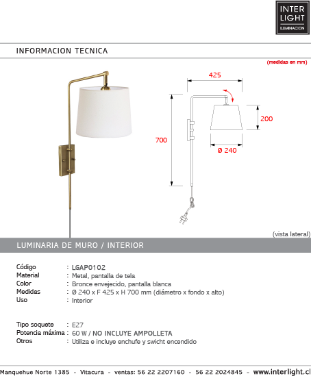 Apliqué metal bronce pantalla de tela cm E27 - LGAP0102