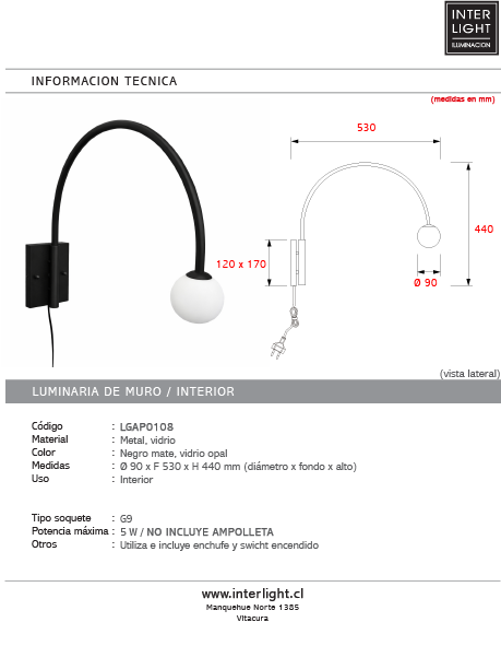 Apliqué metal bronce vidrio opal Ø9x53x440 cm G9- LGAP0108