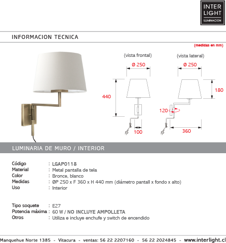 Apliqué metal bronce pantalla tela Ø25x36x44 cm cm E27 - LGAP0118