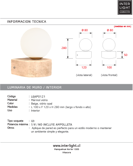 Aplique mármol vidrio G9 - LGAP0121