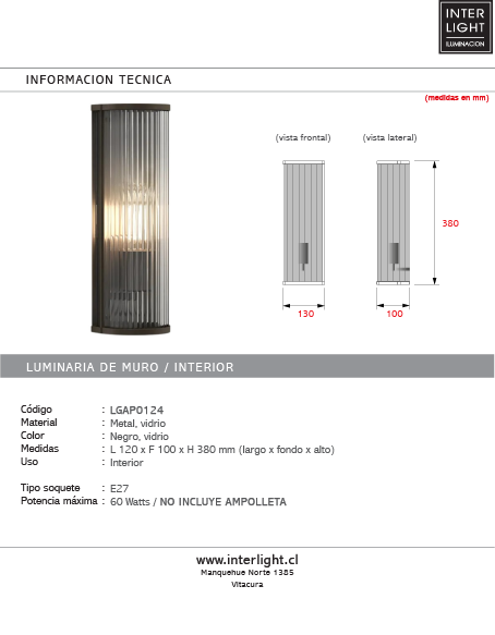 Aplique metal negro vidrio 12x10x38 cm 1 luz E27 - LGAP0124