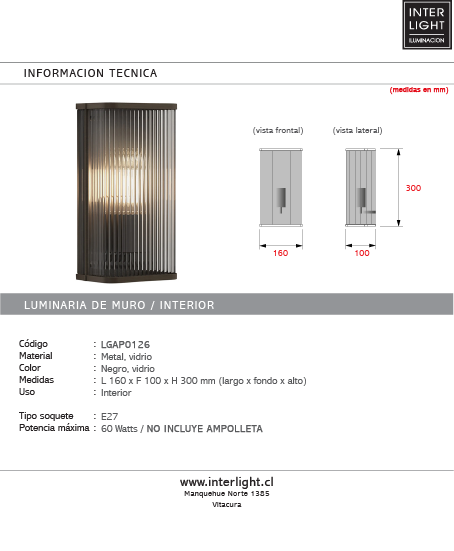 Aplique metal negro vidrio estriado 16x10x30 cm E27 - LGAP0126
