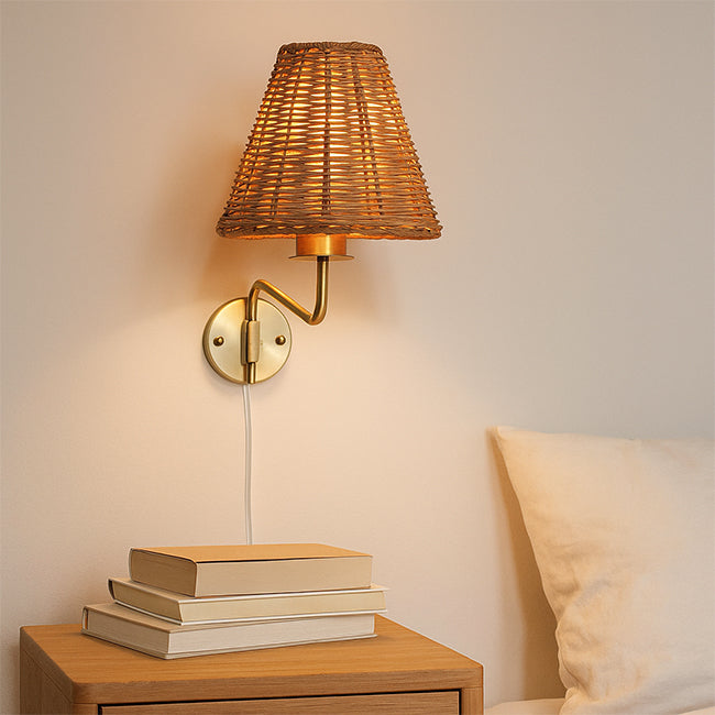 Aplique metal dorado ratán café 20xD35xH47 cm  E27 - LGAP0127