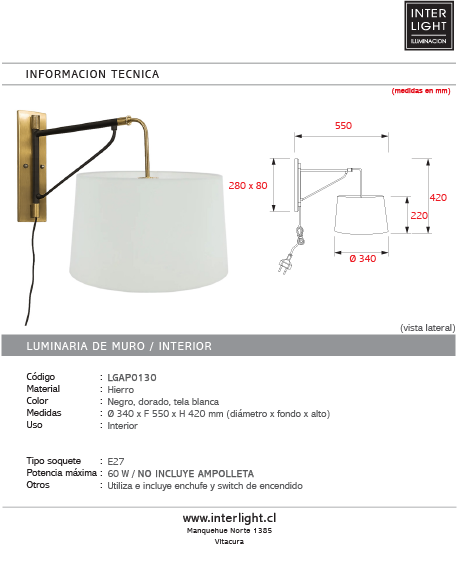 Aplique hierro negro dorado tela blanca Ø34x55x42 cm E27-  LGAP0130