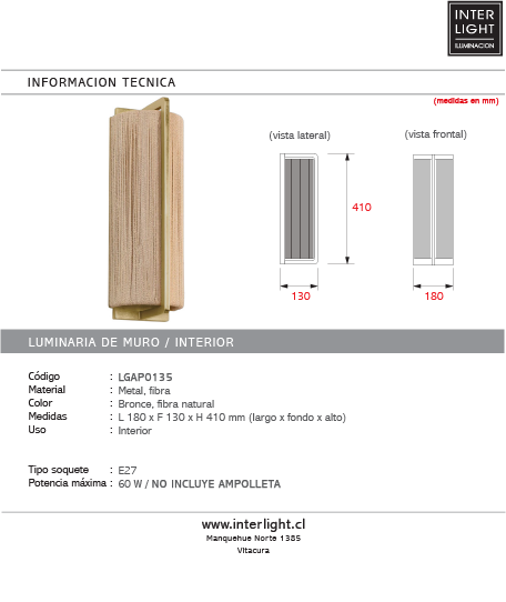 Aplique metal bronce fibra natural 18x13x41 cm E27 - LGAP0135