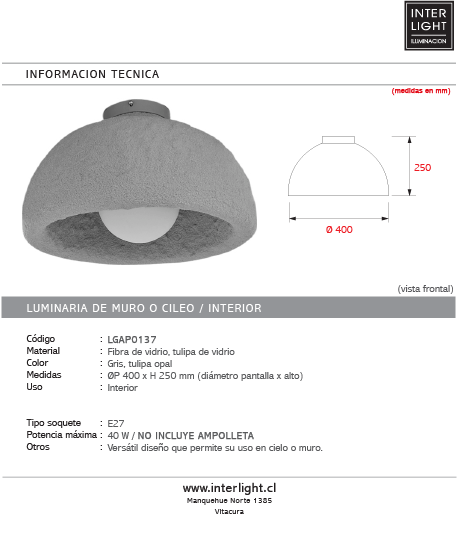Aplique o plafón fibra de vidrio Ø40x25 cm E27 - LGAP0137