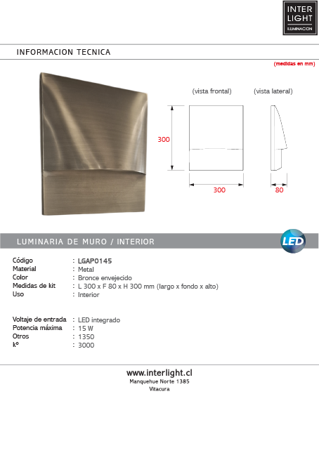 Aplique metal bronce 30cm 15W 3000K LED - LGAP0145