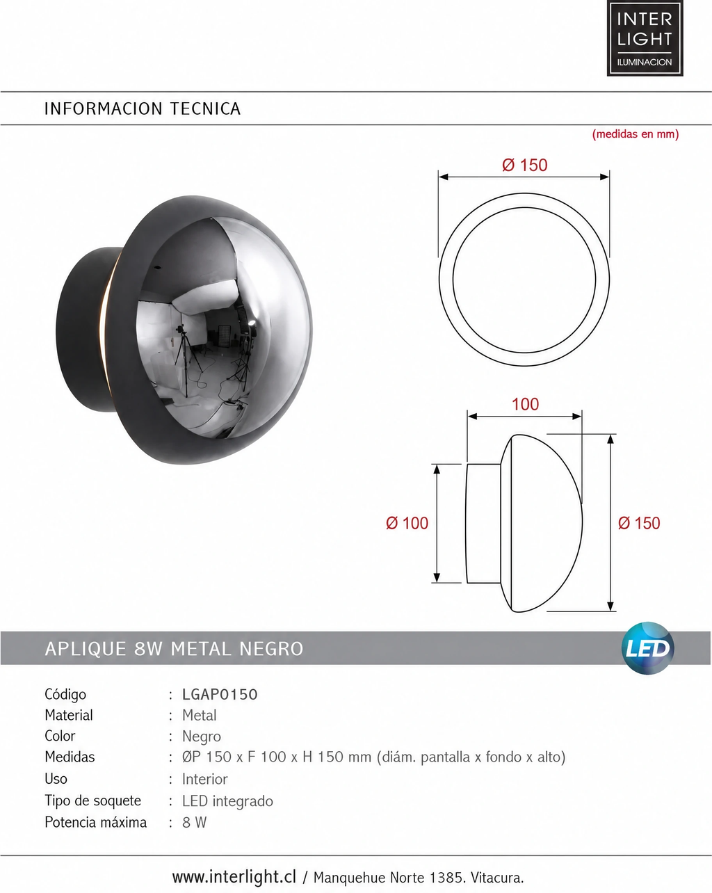 Aplique 8W 3000K metal negro - LGAP0150
