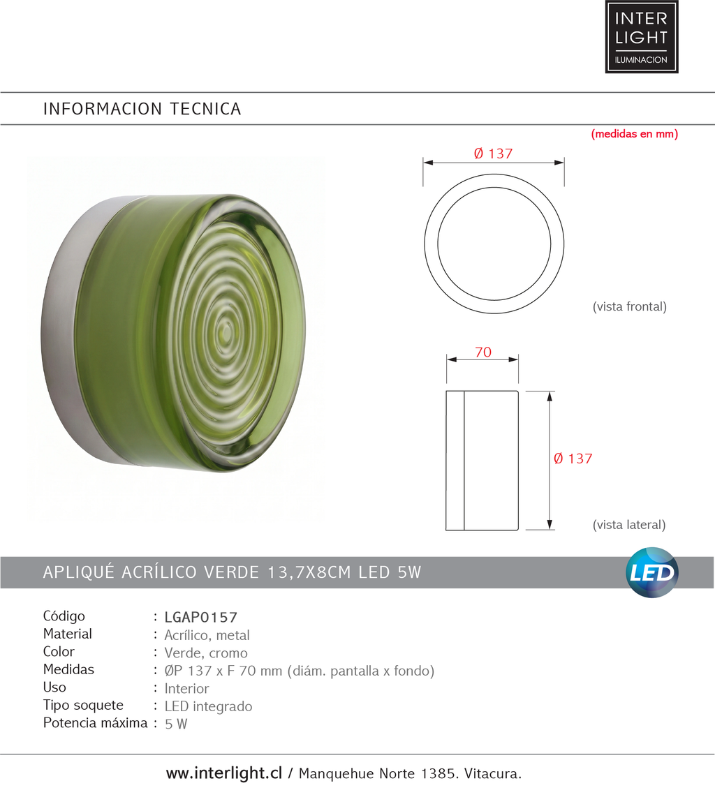 Apliqué acrílico verde 13,7x7cm LED 5W - LGAP0157