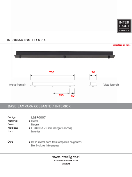 Base para lámpara colgante 70cm 3 perforaciones a 6x29x6  - LGBR0005
