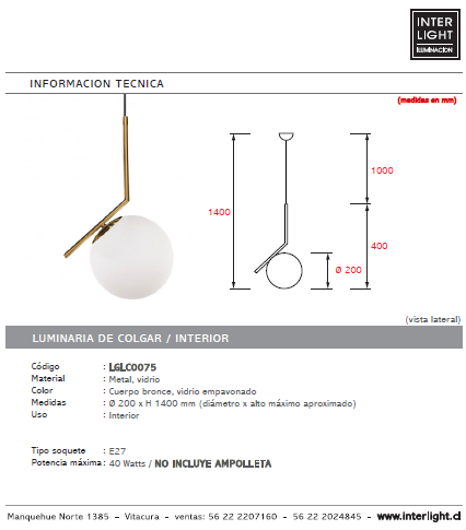 Lámpara colgante metal vidrio bronce Ø25 cm E27 - LGLC0075