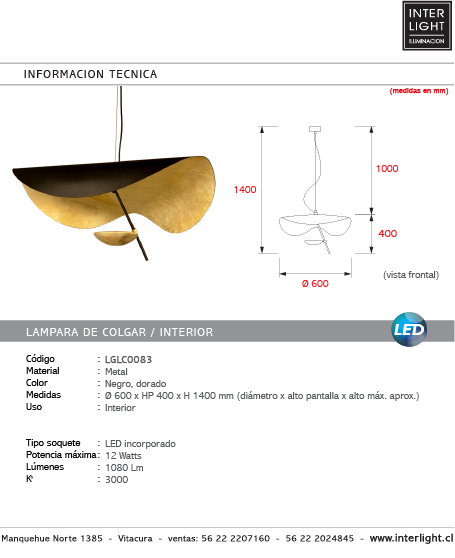 Lámpara colgante metal negro bronce Ø 60 cm LED 12W - LGLC0083