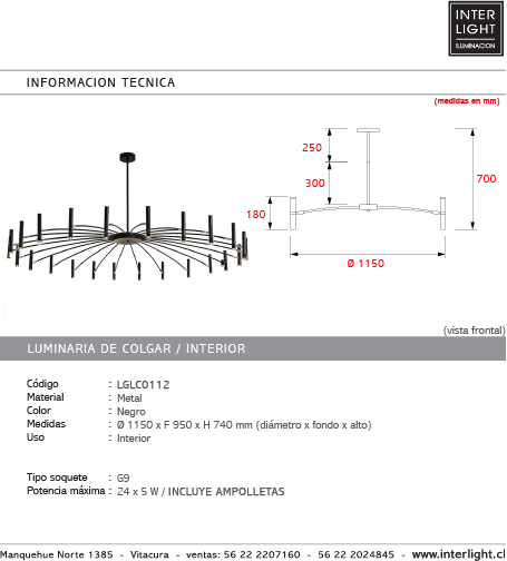Lámpara colgante metal negro 24 luces G9 - LGLC0112