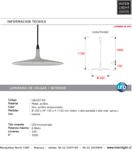 Lámpara colgante gris Ø35x15 cm LED 6 W - LGLC0143
