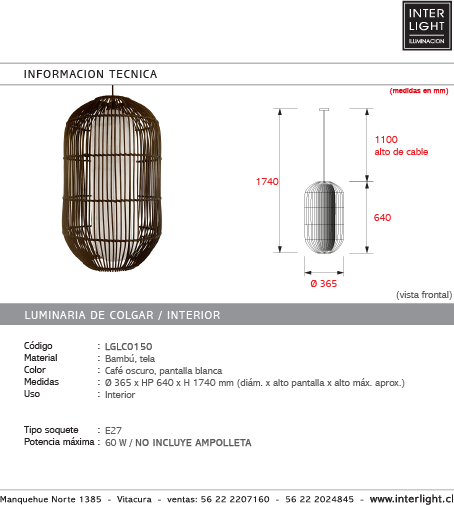 Lámpara colgante bambú pantalla tela Ø36,5 cm E27 - LGLC0150