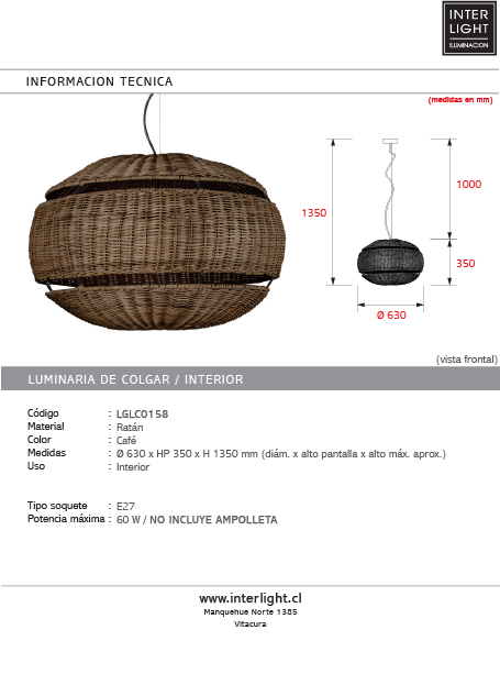 Lámpara colgante ratán café Ø63x35 cm E27 - LGLC0158