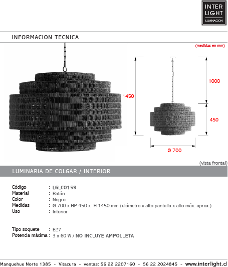Lámpara colgante ratán negro Ø 70x45 cm E27 - LGLC0159