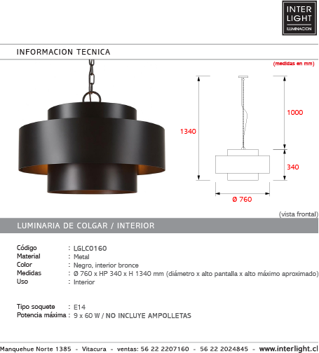 Lámpara colgante metal negro bronce  Ø76 cm 9 x E14 - LGLC0160