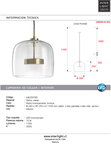 Lámpara colgante vidrio transparente metal bronce Ø26 cm LED 15W - LGLC0165