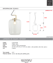 Cargar imagen en el visor de la galería, Lámpara colgante metal bronce vidrio transparente Ø33x57 cm E27 - LGLC0168
