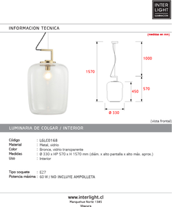 Lámpara colgante metal bronce vidrio transparente Ø33x57 cm E27 - LGLC0168