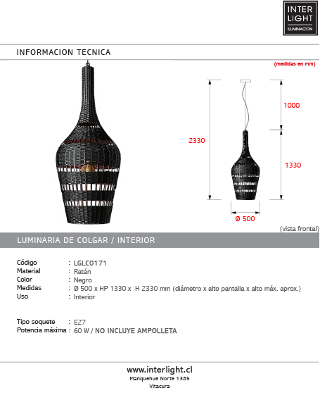 Lámpara colgante ratán negro Ø50 cm E27 - LGLC0171