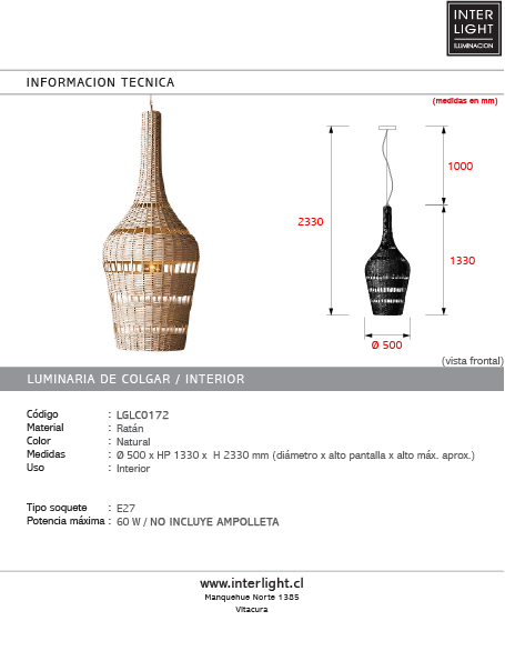 Lámpara colgante ratán natural Ø50cm E27 - LGLC0172