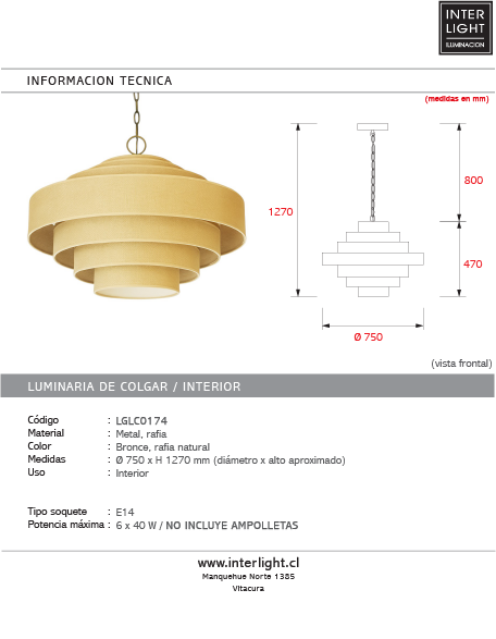 Lámpara colgante metal rafia Ø75x47 cm 6 luces E14 - LGLC0174