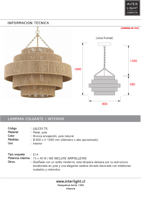 Lámpara colgante metal yute Ø80 cm 15 luces E14 - LGLC0175