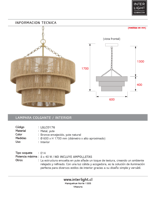 Lámpara colgante metal yute Ø60 cm 8 luces E14 - LGLC0176