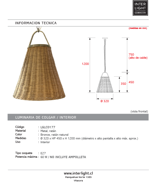 Lámpara metal bronce ratán natural Ø32x1,20 cm  E27 - LGLC0177