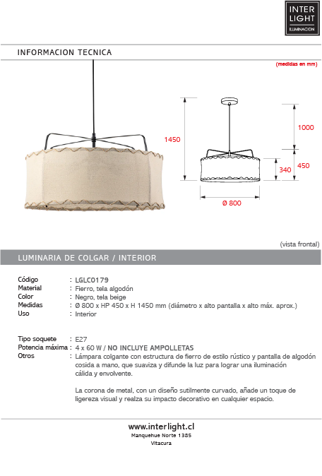 Lámpara colgante fierro tela beige Ø80x45 cm 4 luces E27 - LGLC0179