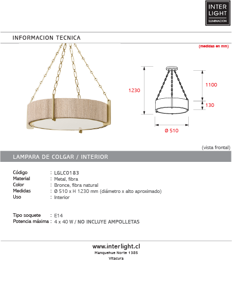 Lámpara colgante metal bronce fibra natural Ø51x1,23 cm - LGLC0183