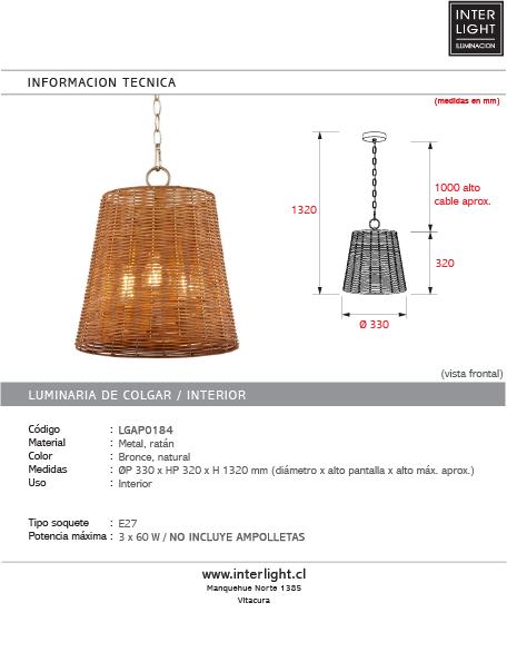 Lámpara colgante metal bronce ratán natural Ø32x33 cm 3 luces E27 - LGLC0184