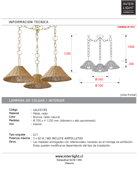 Lámpara colgante metal bronce ratán natural Ø70x1,20 cm 3xE27 - LGLC0185