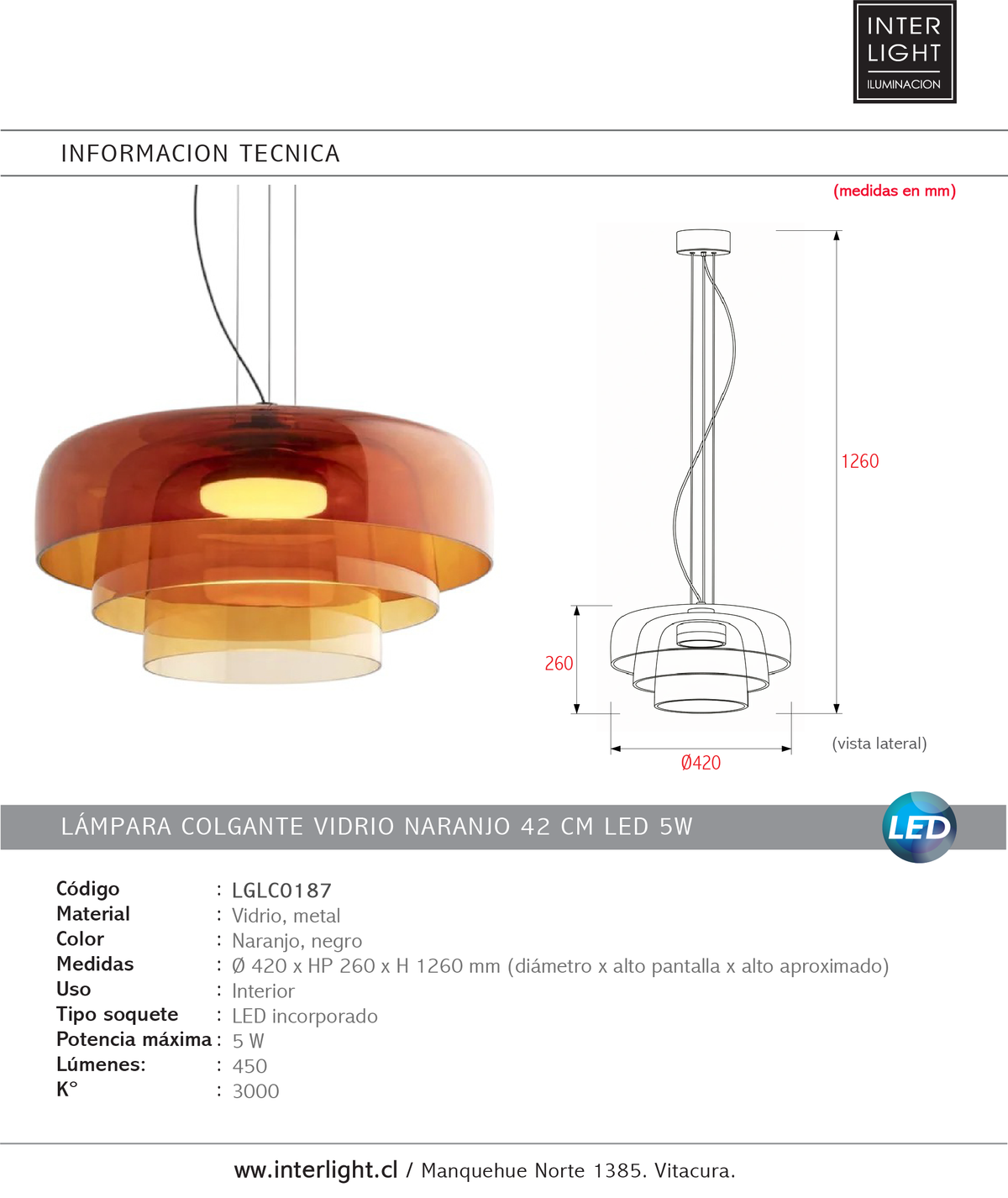 Lámpara colgante vidrio naranjo 42x26cm LED 5W- LGLC0187