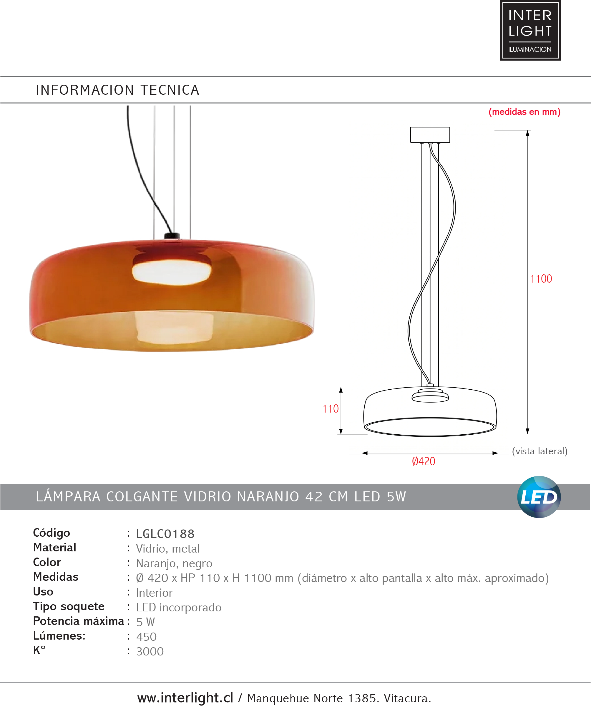 Lámpara colgante vidrio naranjo 42x11cm LED 5W - LGLC0188