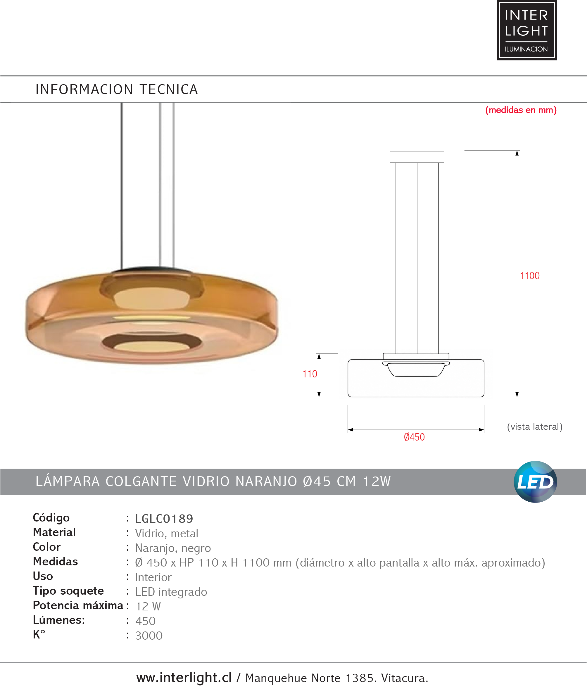 Lámpara colgante vidrio naranjo metal negro Ø45x11cm 12W LED - LGLC0189