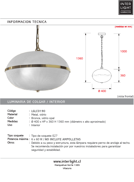 Lámpara colgante vidrio opal metal bronce Ø40 cm 6 luces E27 - LGLC0190