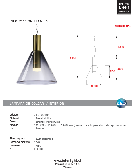 Lámpara colgante bronce vidrio humo Ø30x46cm 8W 3000K - LGLC0191