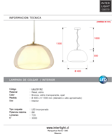 Lámpara colgante vidrio blanco 40x30cm E27 - LGLC0192