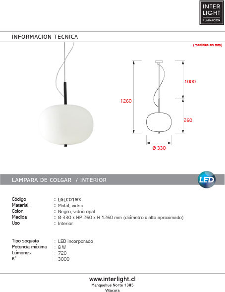 Lámpara colgante metal vidrio opal Ø33x26 cm 8W LED - LGLC0193
