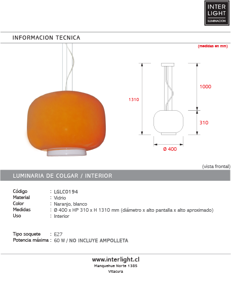 Lámpara colgante vidrio naranjo blanco Ø40 cm E27 - LGLC0194