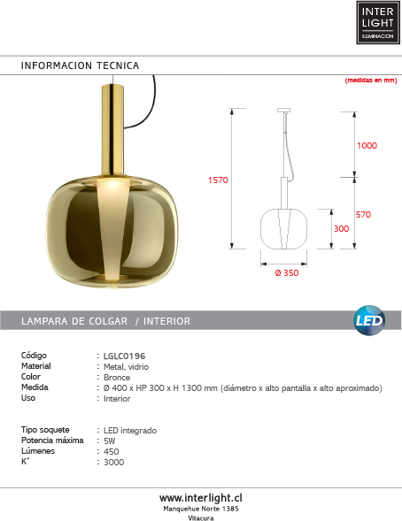 Lámpara colgante metal bronce vidrio ámbar  Ø35x30CM 5W LED - LGLC0196