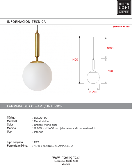 Lámpara colgante Vidrio E27 20x40CM - LGLC0197