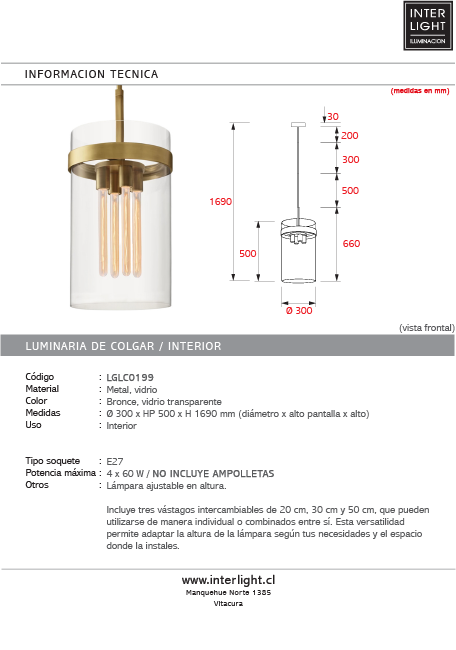 Lámpara colgante metal vidrio Ø30x50 cm E27 - LGLC0199