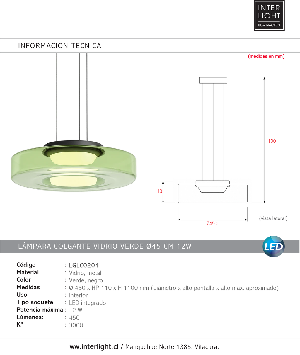Lámpara colgante vidrio verde metal negro Ø45x11cm 12W LED - LGLC0204
